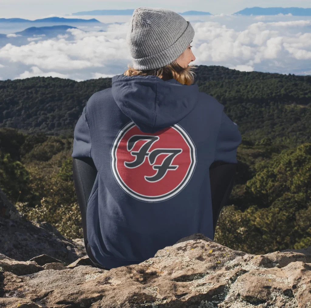 model wearing foo fighters hoodie featuring art from rock band foo fighters authentic ff merch store 2026