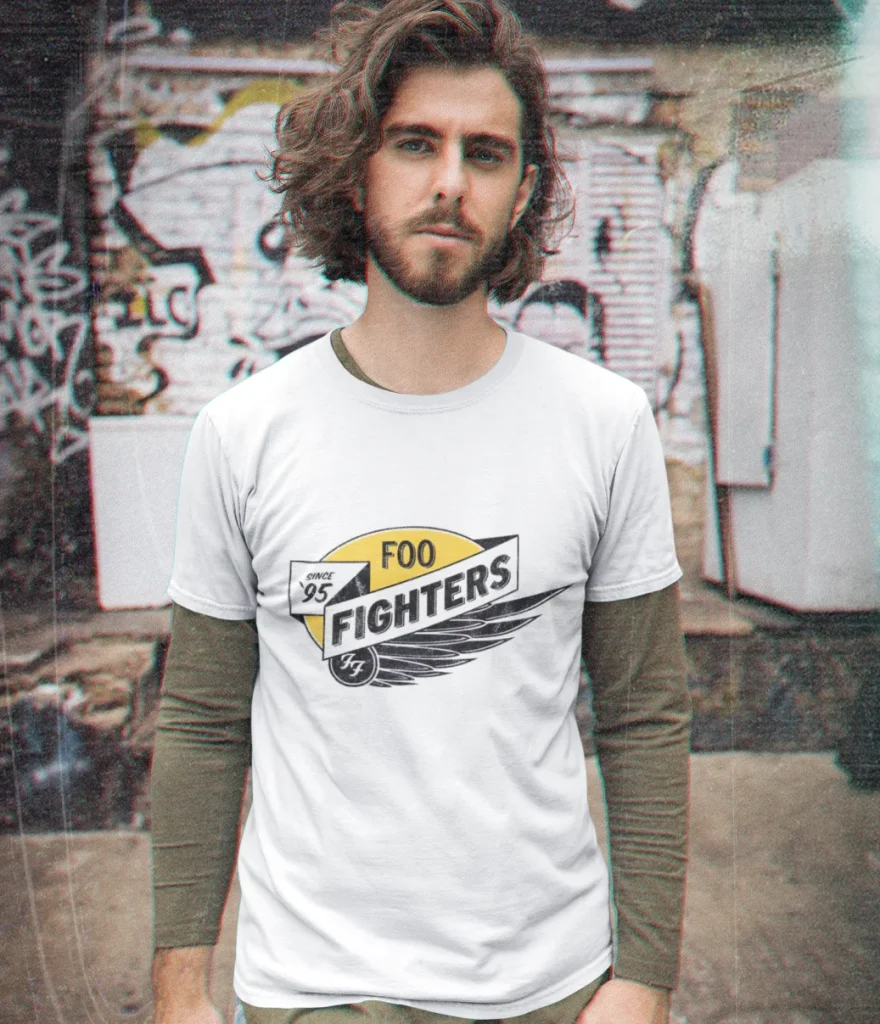 model wearing unisex foo fighters t-shirt unisex featuring art from rock band foo fighters authentic ff merch store 2026